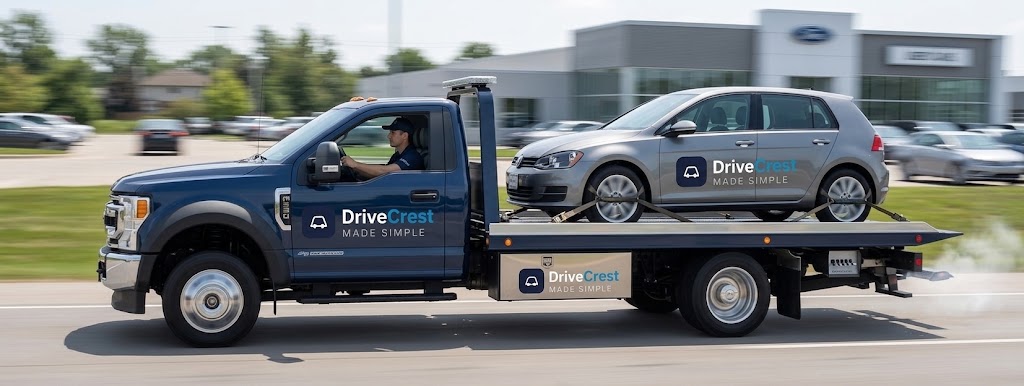 DriveCrest flatbed truck delivering a car to a customer